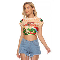Crocodile Snappy Christmas Raglan Cropped T Shirt Cute Alligator Holiday Tree Cartoon Design - Wonder Print Shop