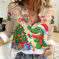 Crocodile Snappy Christmas Women Casual Shirt Cute Alligator Holiday Tree Cartoon Design - Wonder Print Shop