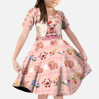 Moodeng Christmas Kid Short Sleeve Dress Cute Hippo Holiday with Pastel Floral Festive Vibes - Wonder Print Shop