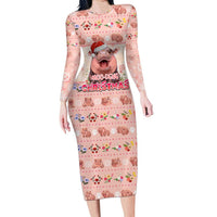 Moodeng Christmas Long Sleeve Bodycon Dress Cute Hippo Holiday with Pastel Floral Festive Vibes - Wonder Print Shop