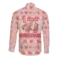 Moodeng Christmas Long Sleeve Button Shirt Cute Hippo Holiday with Pastel Floral Festive Vibes - Wonder Print Shop