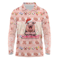 Moodeng Christmas Long Sleeve Polo Shirt Cute Hippo Holiday with Pastel Floral Festive Vibes - Wonder Print Shop