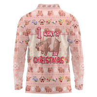 Moodeng Christmas Long Sleeve Polo Shirt Cute Hippo Holiday with Pastel Floral Festive Vibes - Wonder Print Shop