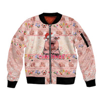 Moodeng Christmas Sleeve Zip Bomber Jacket Cute Hippo Holiday with Pastel Floral Festive Vibes - Wonder Print Shop