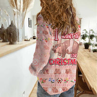 Moodeng Christmas Women Casual Shirt Cute Hippo Holiday with Pastel Floral Festive Vibes - Wonder Print Shop