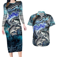 Striped Bass Fishing Couples Matching Long Sleeve Bodycon Dress and Hawaiian Shirt Bold Ocean Angler Design - Wonder Print Shop