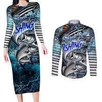 Striped Bass Fishing Couples Matching Long Sleeve Bodycon Dress and Long Sleeve Button Shirt Bold Ocean Angler Design - Wonder Print Shop