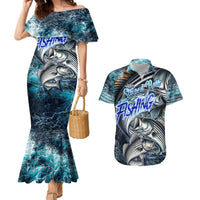 Striped Bass Fishing Couples Matching Mermaid Dress and Hawaiian Shirt Bold Ocean Angler Design - Wonder Print Shop