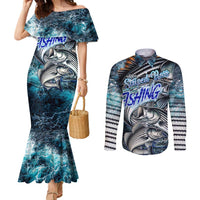 Striped Bass Fishing Couples Matching Mermaid Dress and Long Sleeve Button Shirt Bold Ocean Angler Design - Wonder Print Shop