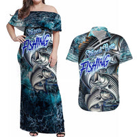 Striped Bass Fishing Couples Matching Off Shoulder Maxi Dress and Hawaiian Shirt Bold Ocean Angler Design - Wonder Print Shop