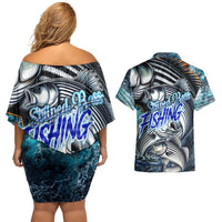 Striped Bass Fishing Couples Matching Off Shoulder Short Dress and Hawaiian Shirt Bold Ocean Angler Design - Wonder Print Shop