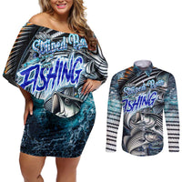 Striped Bass Fishing Couples Matching Off Shoulder Short Dress and Long Sleeve Button Shirt Bold Ocean Angler Design - Wonder Print Shop