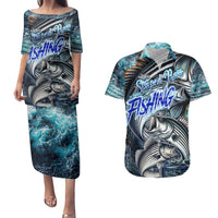 Striped Bass Fishing Couples Matching Puletasi and Hawaiian Shirt Bold Ocean Angler Design - Wonder Print Shop