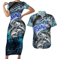 Striped Bass Fishing Couples Matching Short Sleeve Bodycon Dress and Hawaiian Shirt Bold Ocean Angler Design - Wonder Print Shop