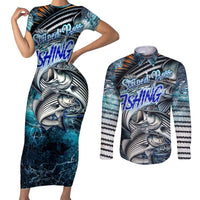 Striped Bass Fishing Couples Matching Short Sleeve Bodycon Dress and Long Sleeve Button Shirt Bold Ocean Angler Design - Wonder Print Shop