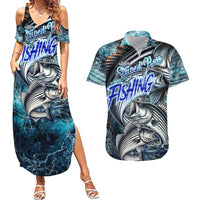 Striped Bass Fishing Couples Matching Summer Maxi Dress and Hawaiian Shirt Bold Ocean Angler Design - Wonder Print Shop