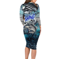 Striped Bass Fishing Family Matching Long Sleeve Bodycon Dress and Hawaiian Shirt Bold Ocean Angler Design - Wonder Print Shop