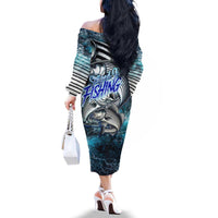 Striped Bass Fishing Family Matching Off The Shoulder Long Sleeve Dress and Hawaiian Shirt Bold Ocean Angler Design - Wonder Print Shop