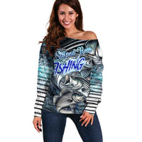 Striped Bass Fishing Off Shoulder Sweater Bold Ocean Angler Design - Wonder Print Shop