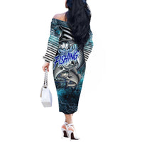 Striped Bass Fishing Off The Shoulder Long Sleeve Dress Bold Ocean Angler Design - Wonder Print Shop