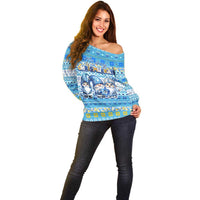 Merry Chrismukkah Off Shoulder Sweater Jewish Christmas Gnomes and Menorahs - Wonder Print Shop