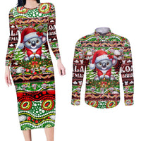 Koala Christmas Couples Matching Long Sleeve Bodycon Dress and Long Sleeve Button Shirt Australia Aboriginal Cute Santa Koalas - Wonder Print Shop