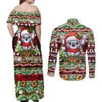 Koala Christmas Couples Matching Off Shoulder Maxi Dress and Long Sleeve Button Shirt Australia Aboriginal Cute Santa Koalas - Wonder Print Shop
