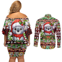 Koala Christmas Couples Matching Off Shoulder Short Dress and Long Sleeve Button Shirt Australia Aboriginal Cute Santa Koalas - Wonder Print Shop