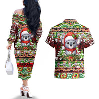Koala Christmas Couples Matching Off The Shoulder Long Sleeve Dress and Hawaiian Shirt Australia Aboriginal Cute Santa Koalas - Wonder Print Shop