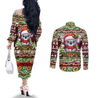 Koala Christmas Couples Matching Off The Shoulder Long Sleeve Dress and Long Sleeve Button Shirt Australia Aboriginal Cute Santa Koalas - Wonder Print Shop