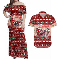 Dog Sled Christmas Couples Matching Off Shoulder Maxi Dress and Hawaiian Shirt Husky Sleigh Ride Design - Wonder Print Shop