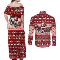 Dog Sled Christmas Couples Matching Off Shoulder Maxi Dress and Long Sleeve Button Shirt Husky Sleigh Ride Design - Wonder Print Shop