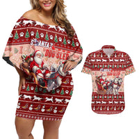 Dog Sled Christmas Couples Matching Off Shoulder Short Dress and Hawaiian Shirt Husky Sleigh Ride Design - Wonder Print Shop