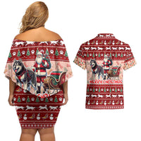 Dog Sled Christmas Couples Matching Off Shoulder Short Dress and Hawaiian Shirt Husky Sleigh Ride Design - Wonder Print Shop