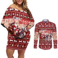 Dog Sled Christmas Couples Matching Off Shoulder Short Dress and Long Sleeve Button Shirt Husky Sleigh Ride Design - Wonder Print Shop