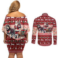 Dog Sled Christmas Couples Matching Off Shoulder Short Dress and Long Sleeve Button Shirt Husky Sleigh Ride Design - Wonder Print Shop