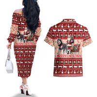 Dog Sled Christmas Couples Matching Off The Shoulder Long Sleeve Dress and Hawaiian Shirt Husky Sleigh Ride Design - Wonder Print Shop