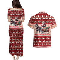 Dog Sled Christmas Couples Matching Puletasi and Hawaiian Shirt Husky Sleigh Ride Design - Wonder Print Shop