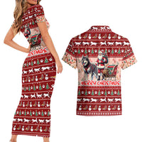Dog Sled Christmas Couples Matching Short Sleeve Bodycon Dress and Hawaiian Shirt Husky Sleigh Ride Design - Wonder Print Shop