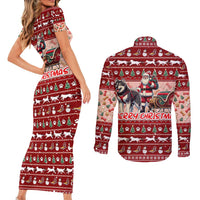 Dog Sled Christmas Couples Matching Short Sleeve Bodycon Dress and Long Sleeve Button Shirt Husky Sleigh Ride Design - Wonder Print Shop
