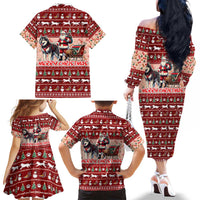 Dog Sled Christmas Family Matching Off The Shoulder Long Sleeve Dress and Hawaiian Shirt Husky Sleigh Ride Design - Wonder Print Shop