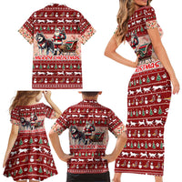 Dog Sled Christmas Family Matching Short Sleeve Bodycon Dress and Hawaiian Shirt Husky Sleigh Ride Design - Wonder Print Shop