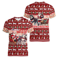 Dog Sled Christmas Women V-Neck T-Shirt Husky Sleigh Ride Design - Wonder Print Shop