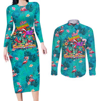Tropical Flamingo Christmas Couples Matching Long Sleeve Bodycon Dress and Long Sleeve Button Shirt Shaka Shaka Will You Drink With Me - Wonder Print Shop