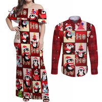 Cute Christmas Penguin Couples Matching Off Shoulder Maxi Dress and Long Sleeve Button Shirt Cozy Winter Ho Ho Ho Holiday Fun - Wonder Print Shop