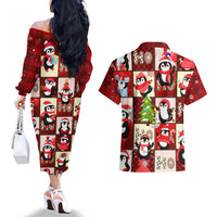 Cute Christmas Penguin Couples Matching Off The Shoulder Long Sleeve Dress and Hawaiian Shirt Cozy Winter Ho Ho Ho Holiday Fun - Wonder Print Shop