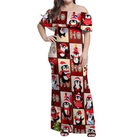 Cute Christmas Penguin Off Shoulder Maxi Dress Cozy Winter Ho Ho Ho Holiday Fun - Wonder Print Shop