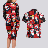 Penguin Winter Sports Christmas Couples Matching Long Sleeve Bodycon Dress and Hawaiian Shirt Cute Holiday Ski Snow Fun - Wonder Print Shop