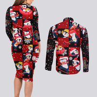 Penguin Winter Sports Christmas Couples Matching Long Sleeve Bodycon Dress and Long Sleeve Button Shirt Cute Holiday Ski Snow Fun - Wonder Print Shop