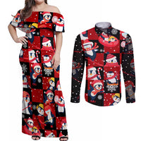 Penguin Winter Sports Christmas Couples Matching Off Shoulder Maxi Dress and Long Sleeve Button Shirt Cute Holiday Ski Snow Fun - Wonder Print Shop